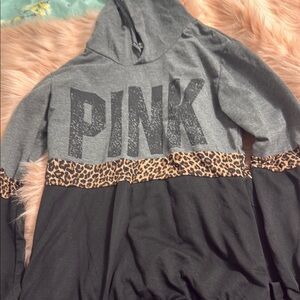 PINK Victoria's Secret Women's Gray and Black Hoodie with Leopard Accent